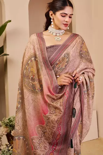 Beige cotton blend floral print saree with blouse