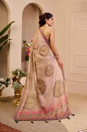 Beige cotton blend floral print saree with blouse