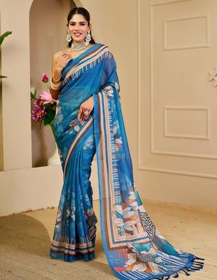 Blue cotton blend floral print saree with blouse 1