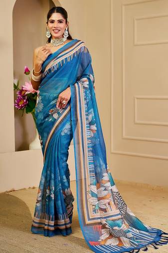 Blue cotton blend floral print saree with blouse