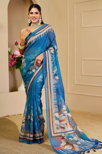 Blue cotton blend floral print saree with blouse