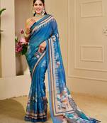 Blue cotton blend floral print saree with blouse