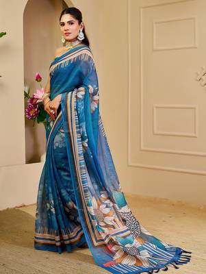 Blue cotton blend floral print saree with blouse 2