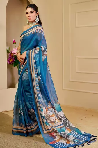 Blue cotton blend floral print saree with blouse