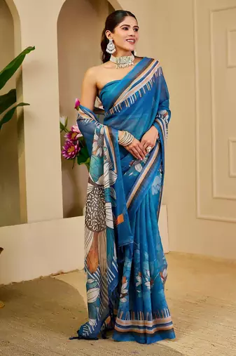 Blue cotton blend floral print saree with blouse