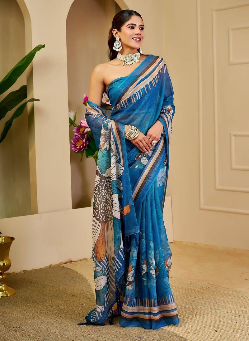 Blue cotton blend floral print saree with blouse