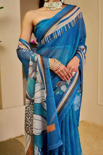 Blue cotton blend floral print saree with blouse
