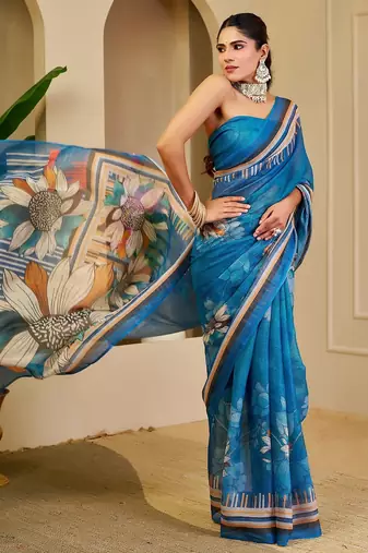 Blue cotton blend floral print saree with blouse