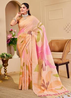 Cream cotton blend floral print saree with blouse 1
