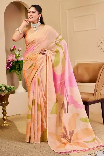 Cream cotton blend floral print saree with blouse