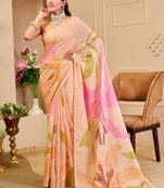 Cream cotton blend floral print saree with blouse