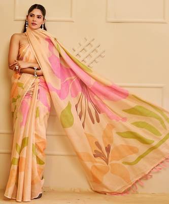 Cream cotton blend floral print saree with blouse 2