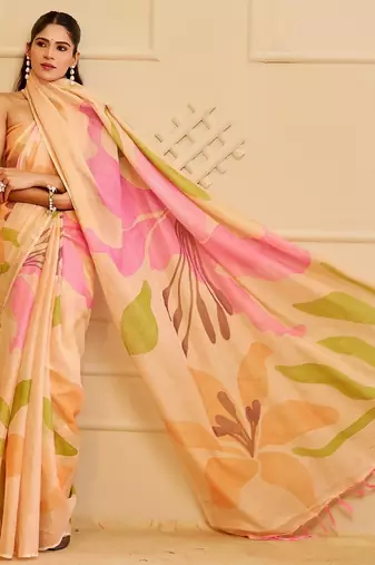 Cream cotton blend floral print saree with blouse