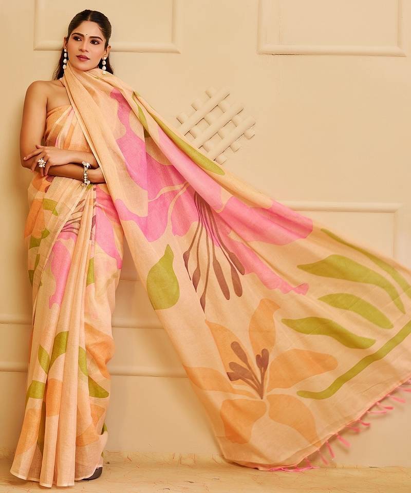 Cream cotton blend floral print saree with blouse