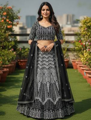 Black Color Faux Georgette Fabric Sequins Embroidered Partywear Lehenga Choli For Girls Wedding Looks 1