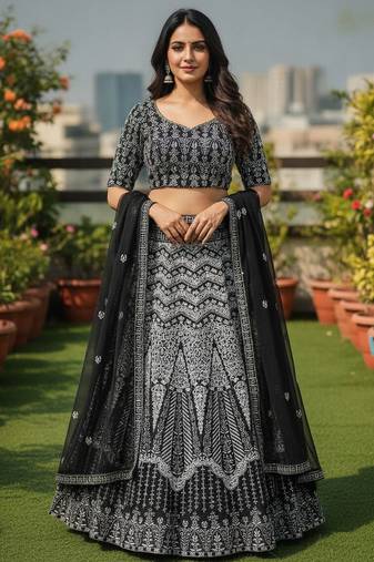 Black Color Faux Georgette Fabric Sequins Embroidered Partywear Lehenga Choli For Girls Wedding Looks
