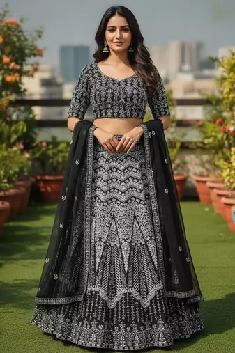 Black Color Faux Georgette Fabric Sequins Embroidered Partywear Lehenga Choli For Girls Wedding Looks