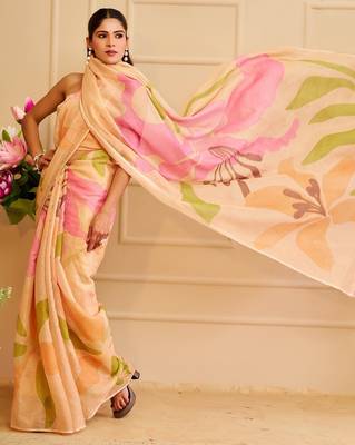 Cream cotton blend floral print saree with blouse 3