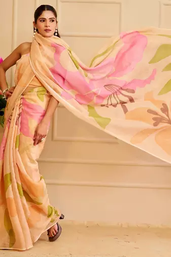 Cream cotton blend floral print saree with blouse