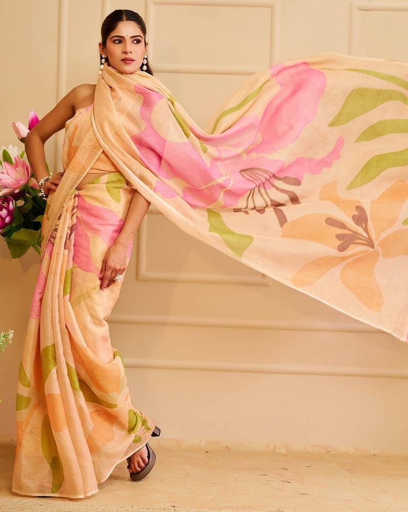 Cream cotton blend floral print saree with blouse