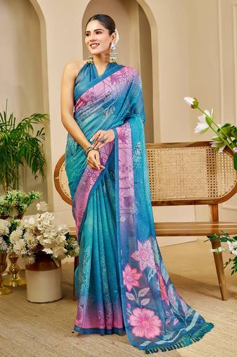 Blue cotton blend floral print saree with blouse