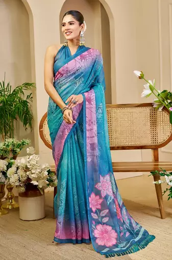 Blue cotton blend floral print saree with blouse
