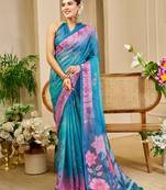 Blue cotton blend floral print saree with blouse