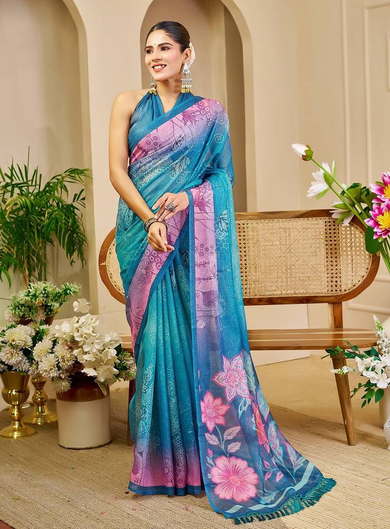 Blue cotton blend floral print saree with blouse