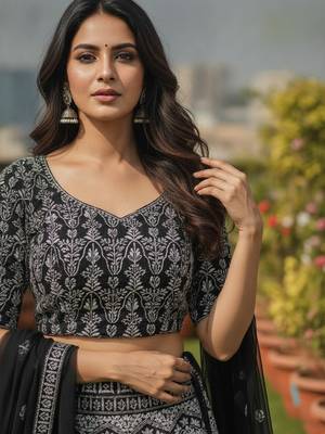 Black Color Faux Georgette Fabric Sequins Embroidered Partywear Lehenga Choli For Girls Wedding Looks 3