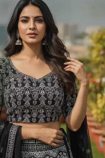 Black Color Faux Georgette Fabric Sequins Embroidered Partywear Lehenga Choli For Girls Wedding Looks