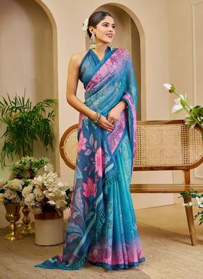 Blue cotton blend floral print saree with blouse 2