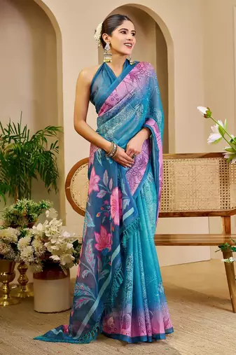 Blue cotton blend floral print saree with blouse