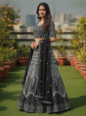 Black Color Faux Georgette Fabric Sequins Embroidered Partywear Lehenga Choli For Girls Wedding Looks 4