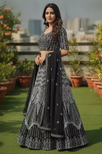 Black Color Faux Georgette Fabric Sequins Embroidered Partywear Lehenga Choli For Girls Wedding Looks