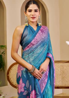 Blue cotton blend floral print saree with blouse 3