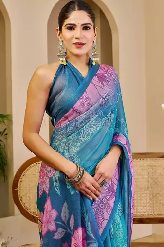 Blue cotton blend floral print saree with blouse