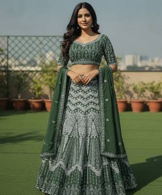 Green Color Faux Georgette Fabric Sequins Embroidered Partywear Lehenga Choli For Girls Wedding Looks 1