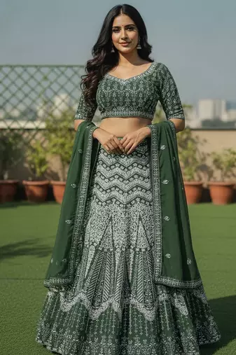 Green Color Faux Georgette Fabric Sequins Embroidered Partywear Lehenga Choli For Girls Wedding Looks
