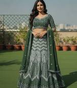 Green Color Faux Georgette Fabric Sequins Embroidered Partywear Lehenga Choli For Girls Wedding Looks