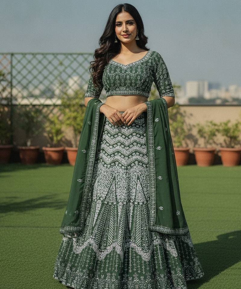 Green Color Faux Georgette Fabric Sequins Embroidered Partywear Lehenga Choli For Girls Wedding Looks