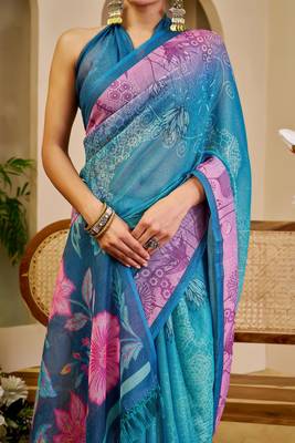 Blue cotton blend floral print saree with blouse 4