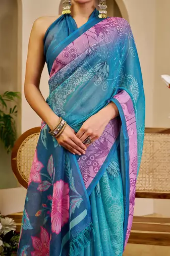 Blue cotton blend floral print saree with blouse