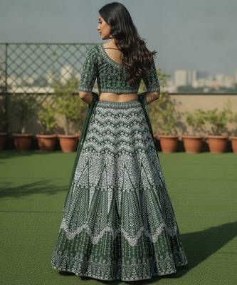 Green Color Faux Georgette Fabric Sequins Embroidered Partywear Lehenga Choli For Girls Wedding Looks 2