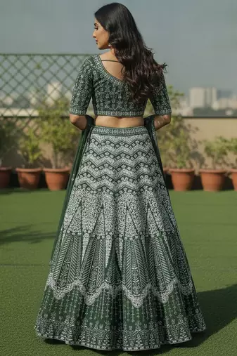 Green Color Faux Georgette Fabric Sequins Embroidered Partywear Lehenga Choli For Girls Wedding Looks