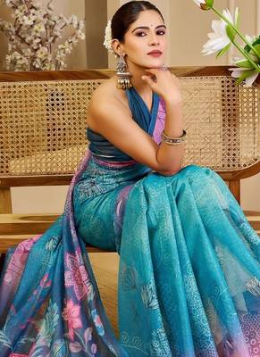Blue cotton blend floral print saree with blouse 5