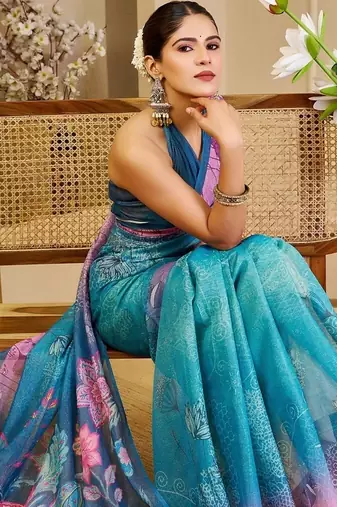 Blue cotton blend floral print saree with blouse