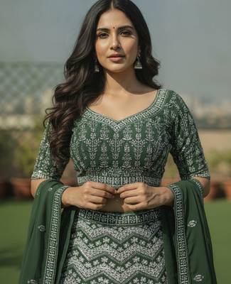 Green Color Faux Georgette Fabric Sequins Embroidered Partywear Lehenga Choli For Girls Wedding Looks 3