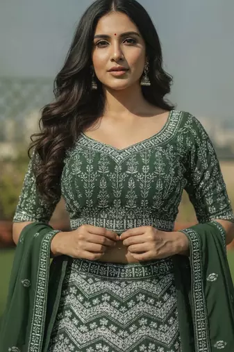 Green Color Faux Georgette Fabric Sequins Embroidered Partywear Lehenga Choli For Girls Wedding Looks