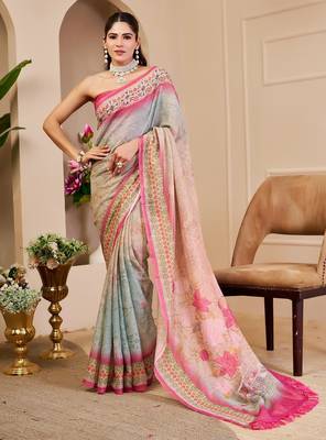 Pink cotton blend floral print saree with blouse 1