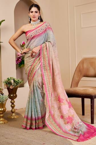Pink cotton blend floral print saree with blouse